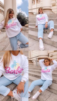 Barbie Hoodie Outfit, Barbie Sweatshirt Outfit, Barbie Tshirt Ideas, Barbie Shirt Ideas, Barbie Shirt Outfit, Barbie Movie Outfits, Barbie Hoodie, White Tshirt Women, Barbie T Shirt