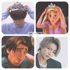 four pictures of the same person with different hair styles and hairstyles, all wearing tiaras