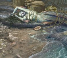 a painting of a mermaid laying on the ground