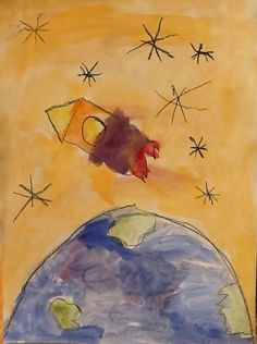 a drawing of a rocket flying over the earth