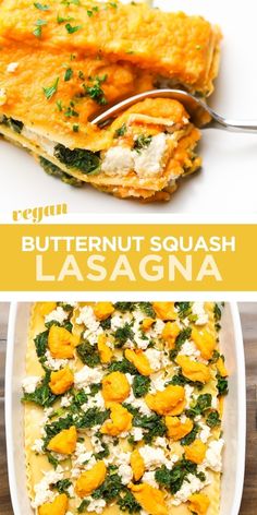 butternut squash lasagna with feta cheese and spinach on the side