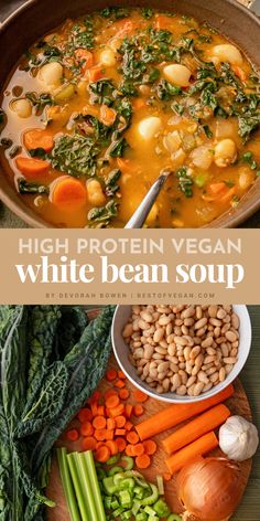 high protein vegan white bean soup with carrots, celery and beans