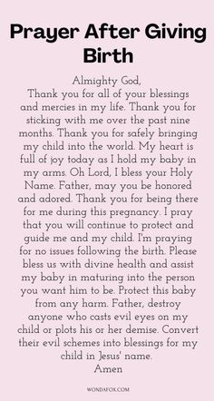 a poem written in pink with the words prayer after giving birth