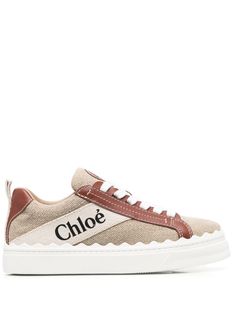 beige leather/canvas panelled design logo-tape detailing round toe front lace-up fastening branded insole logo pull-tab at the heel flat rubber sole Chloe Logo, Sporty Aesthetic, Brown Sneakers, Sneaker Wedge, Sneaker Heels, Pump Sandals, Canvas Sneakers, Lace Boots