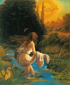 a painting of a woman standing in the water