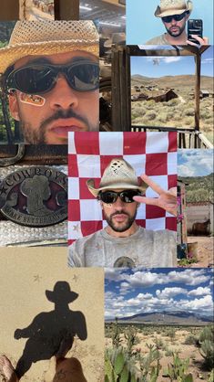 a collage of photos with some people in hats and sun glasses on top of them