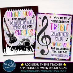 rock star theme teacher appreciation week sign and thank you note with music notes on it