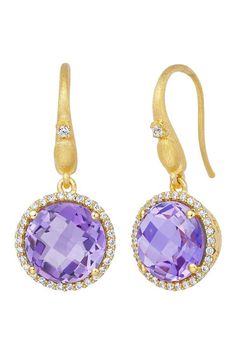 Gold plated sterling silver prong set round cut amethyst with simulated diamond halo earring. French hook back. Approx. 1 1/16"drop. Imported Round Purple Earrings With Gemstone Accents, Purple Gemstone Accented Round Earrings, Purple Gemstone Accent Round Earrings, Purple Round Earrings With Gemstone Accents, Elegant Purple Jewelry With Halo Design, Purple Cubic Zirconia Round Earrings, Formal Purple Halo Jewelry, Halo Diamond Earrings, Amethyst Stones