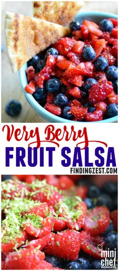 very berry fruit salsa in a blue bowl with pita bread on the side and text overlay that reads very berry fruit salsa