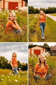 a woman in an orange shirt is sitting in the grass