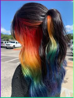 Black Hair With Rainbow Peekaboo, Rainbow Hair With Dark Roots, Rainbow Peek A Boo Hair, Rainbow Color Blocking Hair, Hair Color Panels, Rainbow Underdye Hair, Rain Bow Hair, Brown Roots Colored Hair, Rainbow Panel Hair