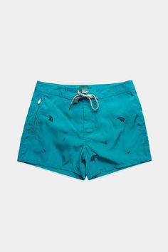 Ocean Embroidered Swim Trunks - Polonio Mini Bananas, Emerald Blue, Mens Swim Trunks, Mens Swimwear, Bananas, Swim Trunks, Swim Shorts, Hidden Zipper, Trunk