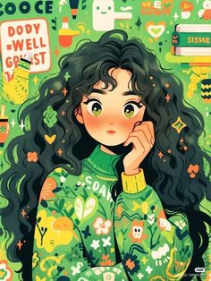 an illustration of a girl with long black hair wearing a green sweater and looking at the camera