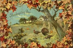 an old thanksgiving postcard with turkeys and pumpkins on the ground in front of a tree