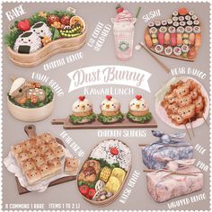 a poster with different types of food on it and the words dust bunny kawai lunch