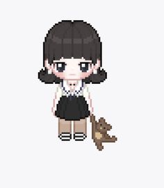 a pixel art girl with black hair holding a brown dog