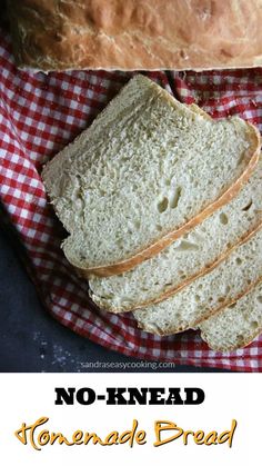 no knead homemade bread on a red and white checkered cloth with text overlay