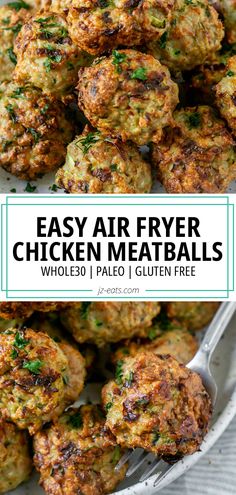 easy air fryer chicken meatballs on a white plate with a fork in it