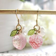 Strawberry Jewelry, Earrings Food, Belly Button Piercing Jewelry, Strawberry Earrings, Glass Fruit, Dragon Earrings, Fruit Jewelry, Pink Strawberry, Food Earrings