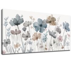 an abstract floral painting with blue, pink and grey flowers on a white background canvas wall art print