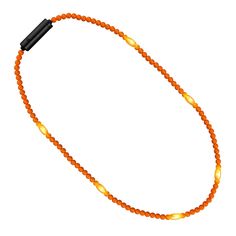 an orange beaded necklace with a black clasp on the end and two yellow beads hanging from it