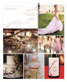 a collage of photos with pink and white wedding decorations, cake, wine bottle, and flowers