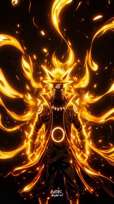 an anime character with yellow and orange flames on his body, standing in front of a black background