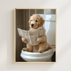 a golden retriever puppy sitting on top of a toilet with a newspaper in its mouth