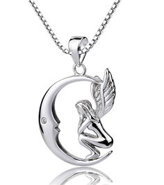 Forfamilyltd Sterling Silver Fairy with Angel Wings Face to Moon Pendant Necklace, 18'' Silver Fairy, Angel Pendant Necklace, Necklace Locket, Sterling Silver Locket, Long Silver Necklace, Silver Jewels, Silver Lockets, Silver Moon