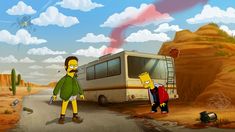 the simpsons character is standing in front of a bus that says, breaking baddily