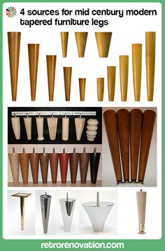 there are many different types of woodworking tools in this photo and the text below reads 4 sources for mid - century modern shaped furniture legs