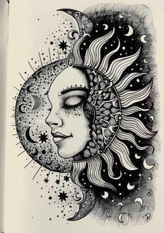 an open book with a drawing of a woman's face on the moon and stars