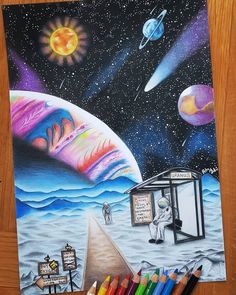 a drawing of a space station with planets in the background and people walking on the sidewalk