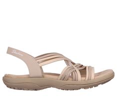 Stretch out and enjoy sunny days in comfort with Skechers Reggae Slim - Simply Stretch. This sporty casual strappy slingback slide style features a stretch fabric and synthetic upper, plus Memory Foam cushioned footbed. | Skechers Women's Reggae Slim - Simply Stretch Sandals | Medium Width Casual Strappy Sandals For Vacation, Casual Vacation Sandals With Straps, Casual Beige Sandals With Adjustable Straps, Lightweight Sandals For Sports In Spring, Casual Synthetic Strappy Sport Sandals, Adjustable Strappy Sport Sandals In Synthetic Material, Sporty Beach Sport Sandals With Adjustable Straps, Comfortable Strappy Synthetic Sport Sandals, Sporty Beach Sandals With Adjustable Straps