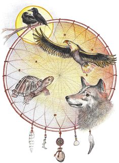 a drawing of two birds, a wolf and a bird on a dreamcat wheel