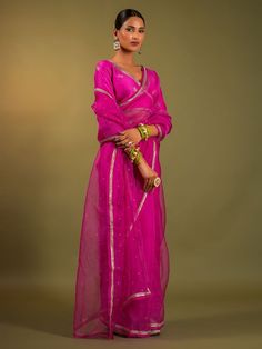 Buy Fuchsia Hand Embroidered Organza Silk Saree with Blouse-Set of 2 | 2410/KBY1 Embellished Saree, Embroidered Organza, Engagement Dresses, Lace Border, Pink Sequin, Pink Saree, Saree With Blouse