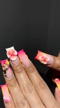 Flower Vacation Nails, Bright Tropical Nails, Pink Tropical Nails, Tropical Acrylic Nails, Island Nails Tropical, Carribean Nails, Cruise Nail Ideas, Tropical Flower Nails, Tropical Nail Designs