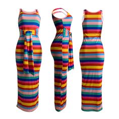 Colorful Stripes Strappy Tank Ankle-length Maxi Dress Multicolor Midi Dress For Beach Season, Multicolor Maxi Dress With Colorful Pattern For Spring, Sleeveless Multicolor Patterned Midi Dress, Multicolor Sleeveless Midi Dress With Colorful Pattern, Summer Multicolor Maxi Dress With Colorful Pattern, Multicolor Patterned Maxi Dress For Summer, Multicolor Rainbow Print Dress, Colorful Sleeveless Sundress Maxi Dress, Sleeveless Rainbow Print Dress For Spring