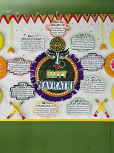 a poster on the wall that says happy navrath with colorful decorations around it