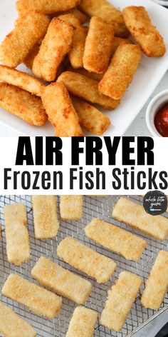 air fryer frozen fish sticks with ketchup on the side and in front