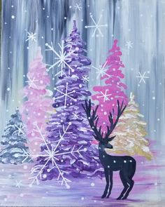 an acrylic painting of trees and a deer with snowflakes on them