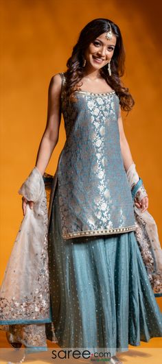 Light Blue Brocade Straight Cut Palazzo Suit with Floral Weaving Brocade Sharara Designs, Brocade Outfits Indian, Palazzo Suits Indian Wedding, Brocade Sharara Suit, Brocade Suits Indian Party Wear, Brocade Kurti Design With Pants, Brocade Dress Indian, Blue Brocade Suit, Brocade Punjabi Suit