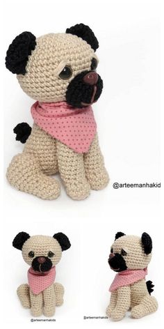 crocheted stuffed pug dog with pink scarf and black nose, sitting on white background