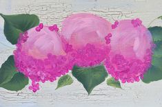 three pink flowers with green leaves on a white brick wall painted in acrylic paint