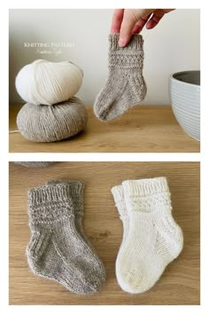 two pictures showing different types of knitted socks and balls of yarn on a table