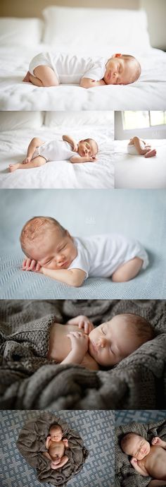 a baby laying on top of a bed next to an adult