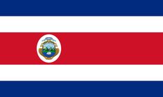 the flag of costa is shown in red, white and blue with an oval emblem