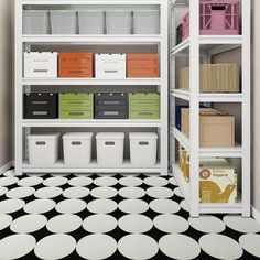 an organized pantry with white shelving and black and white polka dot tile flooring