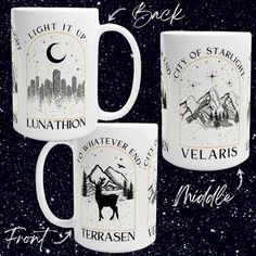 three white coffee mugs with mountains and stars on them in front of the night sky