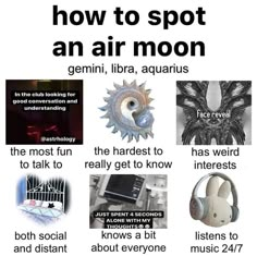 a poster with different types of headphones on it's sides and the words, how to spot an air moon